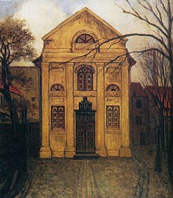 The main façade of stone of the else half-timbered Portuguese synagogue Neveh Shalom in the courtyard of then Bäckerstr. 12-14 (today's Hoheschulstr.), Altona, dedicated in 1771, closed in 1882. Thereafter Altona's Ashkenazi congregation used the building as winter synagogue, before it was demolished in 1940.[23]