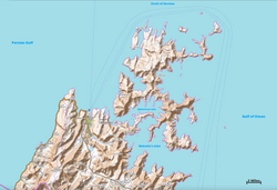 Topographic map of the Musandam Peninsula, near the Strait of Hormuz, and showing the Elphinstone Inlet and Malcolm's Inlet
