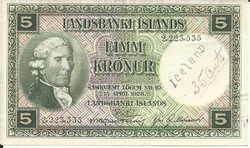 A 1928 5 krónur note issued by the Landsbanki Íslands.