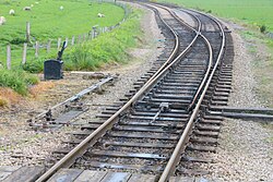 A set of points on the Strathspey Railway in Scotland. The facing point lock in the middle will need to be withdrawn using the blue lever (behind) on the left before the points themselves can be moved using the black lever (front). Once the points have been moved the lock will be pushed in again with the blue lever to lock the points in position.