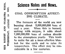 This 1912 article succinctly describes how burning coal creates carbon dioxide that causes climate change.[107]