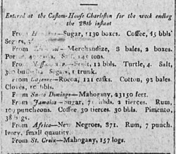 "Entered at the Custom-House Charleston for the week of the 28th instant...From Africa—New Negroes, 371. Rum, 7 punch. Ivory, small quantity" (Charleston Daily Courier, December 30, 1805)