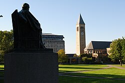 The Arts Quad on Cornell's main campus with McGraw Tower and Olin and Uris libraries in the background