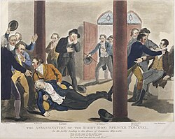 The assassination of Prime Minister Spencer Perceval in 1812 in the lobby of the House of Commons
