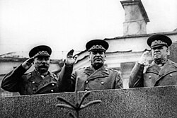 Zhukov (right) with Stalin and Semyon Budyonny during the Soviet Victory Parade of 1945