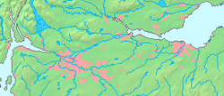 The Central Belt area with urban areas (pink), including Glasgow to the west and Edinburgh to the east