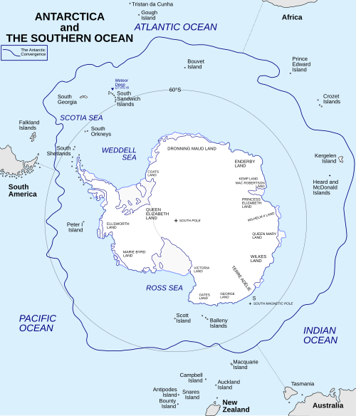 Antarctica and surrounding islands in relation to the Antarctic Convergence and the 60th parallel south
