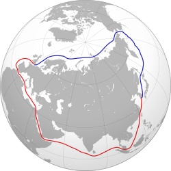 A graphical comparison between the Northern Sea Route (blue) and an alternative route through Suez Canal (red)