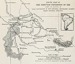 Map showing routes of the 1912 Peruvian expedition, with four topographic surveys areas.