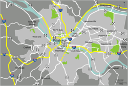 Map showing major highways in Pittsburgh and its surrounding region