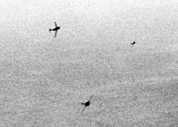 Soviet MiG-15s curving in to attack USAF B-29s, Korea 1951.