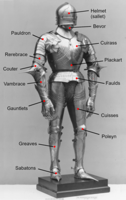 Elements of a harness of the late style of Gothic plate armour that was a popular style in the mid 15th to early 16th century (depiction made in the 18th century)
