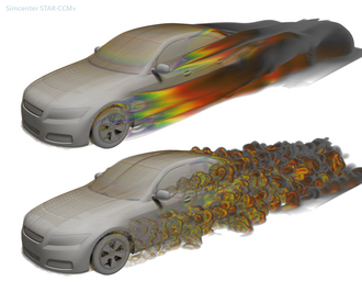 External aerodynamics of the DrivAer model, computed using URANS (top) and DDES (bottom)