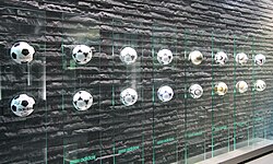 Manufactured by Adidas since the 1970 World Cup, official match balls displayed at FIFA headquarters in Zürich