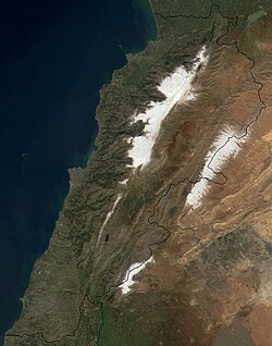 Lebanon from space. Snow cover can be seen on the western Mount Lebanon and eastern Anti-Lebanon mountain ranges.