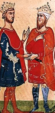 Al-Kamil (right) and Frederick II signed a treaty restoring Jerusalem to the Crusaders for ten years; from Nuova Cronica, mid-14th century