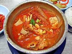 Kimchi jjigae (김치찌개), a stew made of kimchi, vegetables, broth, and other ingredients, is a popular dish during the cold months.