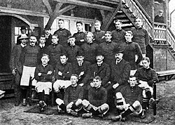 The Danish team that won their first silver medal at the 1908 Summer Olympics. Harald Bohr is in the top row, 2nd from left.