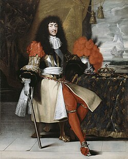 Louis XIV wearing shoulder ribbons, an early type of epaulette of the late 17th century