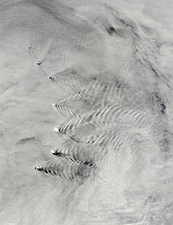 The South Sandwich Islands interact with air currents to make wave patterns in clouds.