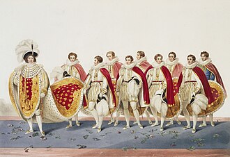 George IV's long train was borne by the Master of the Robes and eight eldest sons of peers. The king (left) found the enormous weight of the robes very inconvenient.[125]
