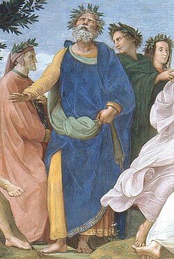 Detail of The Parnassus (painted 1509–1510) by Raphael, depicting Homer wearing a crown of laurels atop Mount Parnassus, with Dante Alighieri on his right, in red, and Virgil on his left, in green.