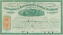 Share of the Columbus & Indianapolis Central Railway Company, issued 17 September 1867