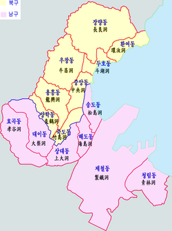 Inset map. Yellow is Buk-gu and Purple is Nam-gu.