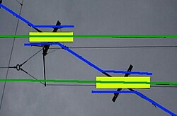 Annotated version of the previous photo, highlighting components tram conductor trolley bus wires insulated trough