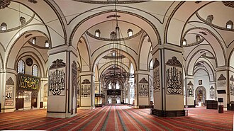 The multi-domed interior of the Grand Mosque of Bursa (1396–1400)
