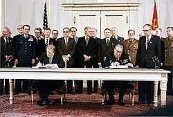 Soviet general secretary Leonid Brezhnev and US President Jimmy Carter sign the SALT II arms limitation treaty in Vienna on 18 June 1979
