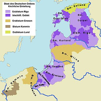Situation after the conquest in the late 13th century. Areas in purple under control of the Monastic State of the Teutonic Knights.