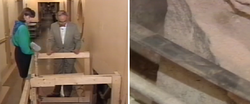 Left: George White gestures at the cornerstone at an open excavation site in 1993. Right: The cornerstone to which White is pointing.
