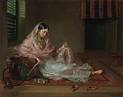 Muslim Lady Reclining or An Indian Girl with a Hookah, painted in Dacca, 18th century