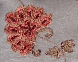 Commercial machine embroidery in chain stitch on a voile curtain, China, early 21st century