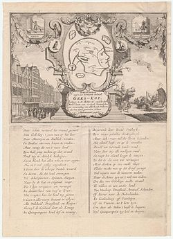 Satirical cartoon from 1720, the text in the centre reads: "Representation of the very famous island of Mad-head, lying in the sea of shares, discovered by Mr. Law-rens, and inhabited by a collection of all kinds of people, to whom are given the general name shareholders"