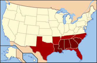 The states in dark red compose the Deep South today. Adjoining areas of East Texas, West Tennessee, and North Florida are also considered part of this subregion. Historically, each of these states were in the Confederate States of America.