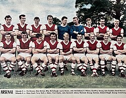 Arsenal F.C. in 1964 with players as Bob Wilson, Geoffrey Strong, John Snedden, David Bacuzzi, Terry Neill, Fred Clark, John Barnwell, Johnny MacLeod, Edward Magill and George Armstrong.