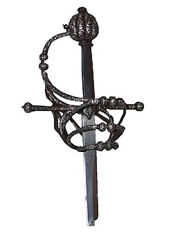 Silver pattern welded rapier guard, from between 1580 and 1600, with reproduction blade