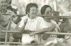 A picture of Corazon Aquino campaigning under the UNIDO banner during the 1986 snap elections