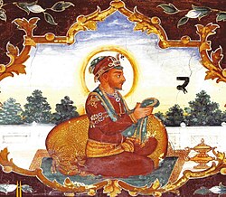 19th century mural of Guru Angad from Baoli Sahib, Goindwal. The Gurmukhi numeral "੨" is written on the right-side, showing the significance of Angad as the second of the Sikh gurus.