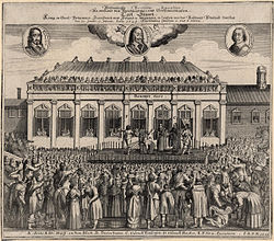 The execution of King Charles I of England, to which he was accompanied on the scaffold by courtier William Levett, Esq.