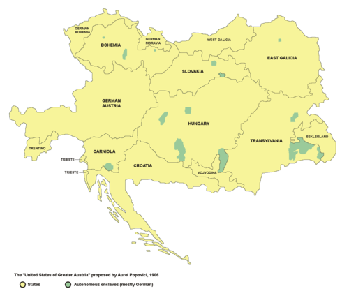 Map of the federalization of Austria-Hungary planned by Archduke Franz Ferdinand, the member states with separate governments