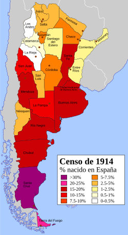 Percentage of Spanish immigrants in the provinces and territories of Argentina, according to the 1914 Argentine census.