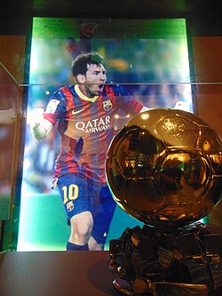 One of Lionel Messi's awards—displayed at the FC Barcelona Museum.