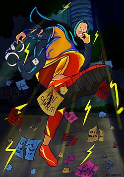 Portrayal of someone on the street yelling and dangling open handcuffs as they kick against many torn notes thrown around them.