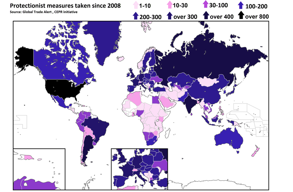 Protectionist measures taken since 2008 according to Global Trade Alert[134]
