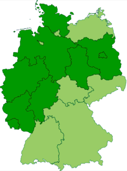 Map of the current states of Germany, in dark green are states that are completely or mostly situated inside the old borders of Imperial Germany's Kingdom of Prussia