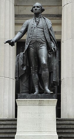 Statue of George Washington in front of Federal Hall on Wall Street, where in 1789 he was sworn in as the first U.S. president.[55]
