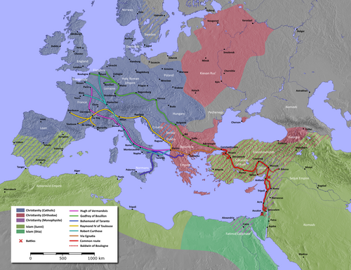 A map showing the route taken by the crusader armies